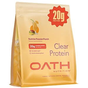 Oath Nutrition Clear Whey Isolate Protein Powder container in Sunrise Passion Punch flavor, 18 servings per container.