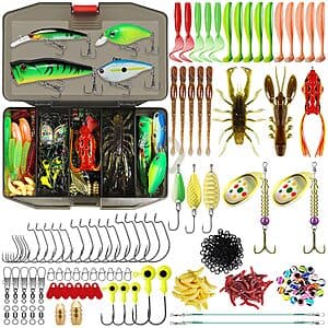 TRUSCEND Complete Fishing Tackle Box containing assorted fishing lures including crankbaits, minnows, frogs, spinners, spoons, soft baits, hooks, and weight accessories.