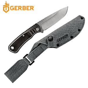 Gerber Downwind fixed blade knife with stainless steel drop-point blade and multi-layer G-10 handle.