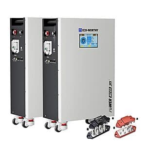 ECO-WORTHY Powermega 48V 314Ah LiFePO4 battery with LCD display and integrated management electronics in two-pack configuration.
