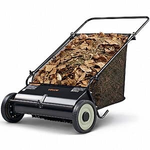 VEVOR 26-inch push lawn sweeper with heavy-duty steel frame, four spinning brushes, rubber wheels, and large mesh collection hopper bag.