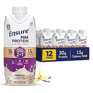 12-pack of 11-oz Ensure Max Protein Shake bottles in Vanilla flavor.