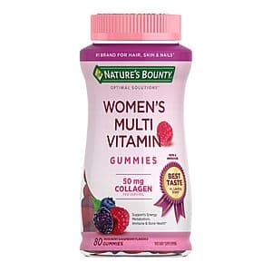 80-count bottle of Nature's Bounty Optimal Solutions Women's Multivitamin Gummies with Collagen in Raspberry flavor.