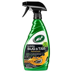 Turtle Wax 16-ounce bug and tar remover trigger spray bottle in a yellow and blue container.