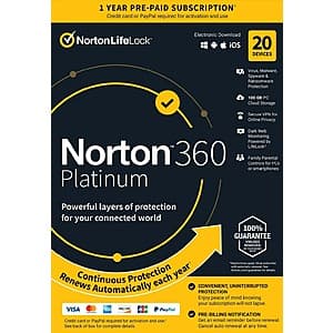 Norton 360 Platinum Antivirus Software (1-Year / 20 Devices, Digital Download) $15