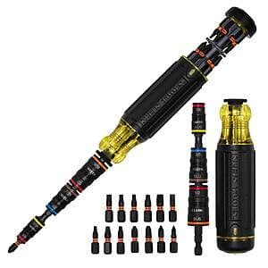 Klein Tools 20-in-1 Impact Driver Set with screwdriver bits stored in handle and flip sockets attached to shaft, includes nut setter bits and 1/4-inch holder.