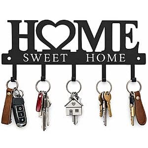 Black metal key holder organizer with multiple hooks, measuring 9.8 inches wide, mounted for wall storage.