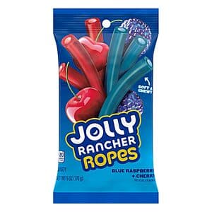 6-ounce bag of Jolly Rancher Blue Raspberry & Cherry Ropes Candy with blue and red twisted rope candies visible.