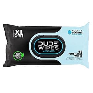 Box of DUDE Wipes Medicated Hemorrhoid Flushable Wipes with 48-count packaging.