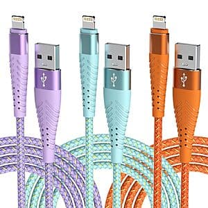 3-Pack 6-Ft Cuanyeon Nylon Braided iPhone Lightning Charging Cables $3