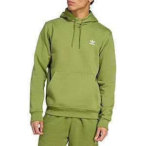 adidas Originals men's hoodie in tech olive with trefoil logo, front view.