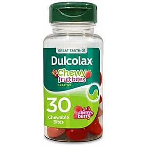 30-count box of Dulcolax Saline Fast-Acting Laxative Chewy Fruit Bites in Cherry Berry flavor.