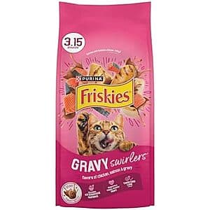3.15-lb bag of Purina Friskies Gravy Swirlers dry cat food with chicken, salmon, and gravy flavors.