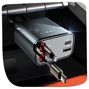 LISEN 69W 4-in-1 Retractable USB-C + Lightning Car Charger $12