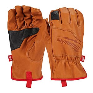 Milwaukee X-Large top grain goatskin leather work gloves with reinforced palm, SMARTSWIPE knuckle protection, and keystone thumb design.