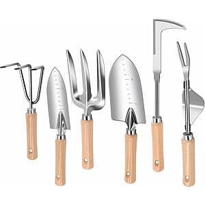 Six stainless steel garden weeding tools with ergonomic wooden handles, displayed as a complete set.