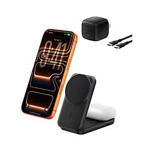 Belkin MagSafe 2-in-1 charging station with foldable stand in black, featuring Qi2.2 25W magnetic wireless charging capability for iPhones.