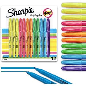 12-pack of Sharpie Pocket Style Chisel Tip Highlighters in assorted colors including yellow, pink, green, and blue.