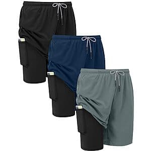 3-Pk HovSiyla Men's 2-in-1 Gym Running Shorts w/ Zipper Pocket $14.50
