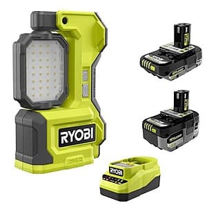 Ryobi 18V Hybrid Magnetic LED Task Light in black with magnetic base, shown with 2Ah and 4Ah batteries, charger, and manuals.