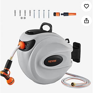 VEVOR wall-mounted retractable hose reel with 65-foot hose, 9-pattern nozzle, and 180° swivel bracket assembly.