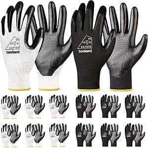 12-Pair toolant Nitrile Coated Work Gloves (White & Black) from $11
