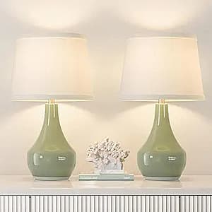 Two ceramic table lamps, 19.4 inches tall, in modern style with cylindrical ceramic bases available in East Gray, Apple Green, and Blush Pink.
