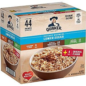 44-Ct Quaker Lower Sugar Instant Oatmeal (4-Flavor Variety Pack) $10.95 w/ S&S