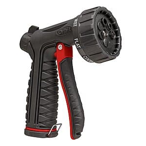 Black Orbit 56512 7-pattern zinc garden hose nozzle with lock-on trigger, approximately 2.5 by 7.38 by 8.38 inches.