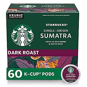 Select Accounts: 60-Ct Starbucks K-Cup Coffee Pods (Dark Roast, Sumatra) $25.50 w/ S&S