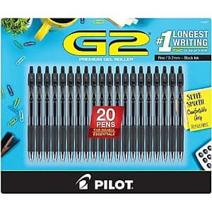 20-pack of black Pilot G2 Premium Fine Point Rolling Ball Gel Pens with retractable design.