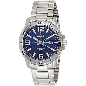 Casio 42.5mm men's stainless steel diver watch with blue dial and silver bracelet.