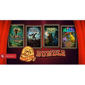 Collection of Double Fine Productions game logos and artwork showcasing the 11-game bundle available on Steam.