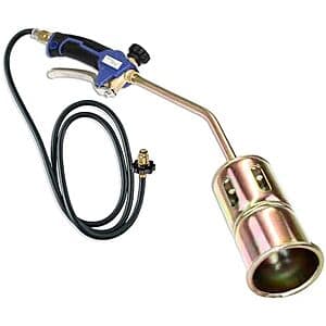 Flame King propane torch kit with heavy-duty metal burner head and black 6-foot hose attached for weed burning applications.