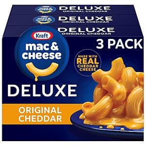 Three 14-ounce boxes of Kraft Deluxe Mac & Cheese Original Cheddar with blue and orange packaging.
