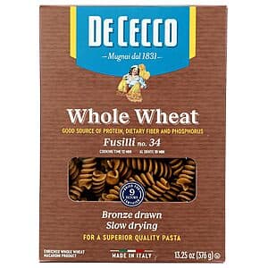 13.25oz. De Cecco Fusilli Whole Wheat Pasta $2.10 w/ S&S