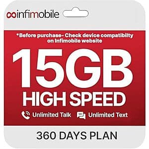 Prime Members: 12-Month Infimobile Unlimited Talk / Text + 15GB Data / Mo. Plan $112 + Free Shipping