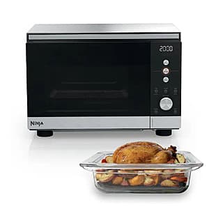 Black Ninja Crispi 14-in-1 microwave and air fryer combo unit with control panel and compact countertop design.