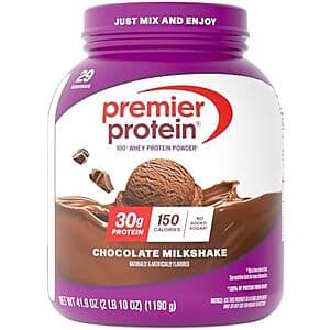 Premier Protein Whey Protein Powder in Chocolate Milkshake flavor, 41.9 oz container with brown branding and white text.