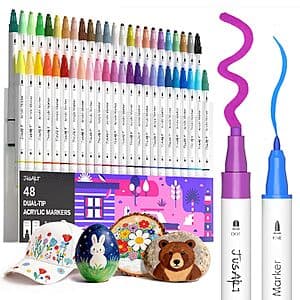 48 JusArt dual tip acrylic paint pen markers with white barrels arranged in a set display.