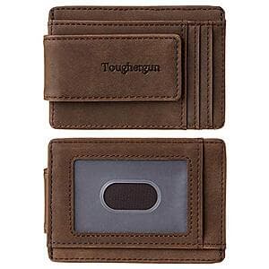 Toughergun slim men's wallet in various colors featuring RFID-blocking technology, magnetic money clip, and ID window compartment.