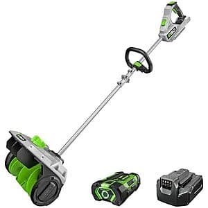 EGO POWER+ cordless electric snow shovel with 12-inch clearing width, shown with rechargeable 56V battery pack and charger.