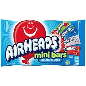 12oz variety pack of Airheads Mini Taffy Candy Bars with assorted fruit flavors and bright colored wrappers.