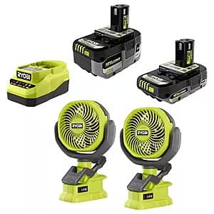 Ryobi ONE+ 18V 4.0 Ah + 2.0 Ah Batteries + Charger + 2-Pk 4" Cordless Clamp Fans $99 + Free S&H