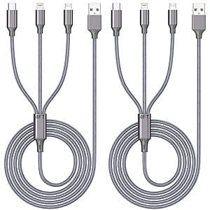 2-Pack HaoKanDe 3-In-1 Braided Lightning/USB-C/micro-USB Cables (various sizes) From $3.50