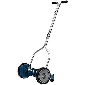 Great States 204-14 hand reel push lawn mower with 14-inch cutting width, featuring green frame and metal reel blade design.