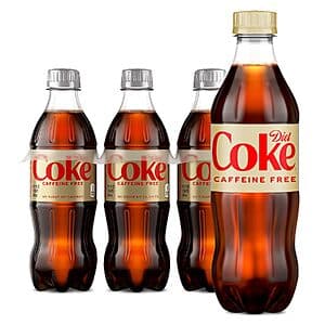 Six-pack of 16.9oz Diet Coke Caffeine Free bottles in silver packaging.