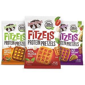 Select Accts: 12-Pk 3-Oz Lenny & Larry's FITZELS Protein Pretzels Game Day Variety Pack $13.20 w/ S&S