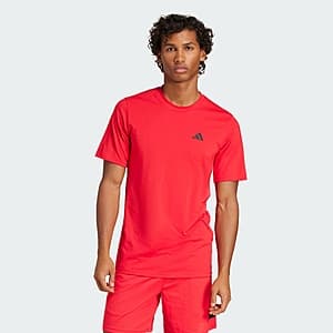 adidas Men's Train Essentials Feelready Training Tee in Pure Ruby and Black colorway, available in L and 2XL sizes.