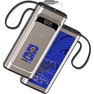 Wagon International 20000mAh power bank with three USB ports and integrated cable, available in blue or silver finish.